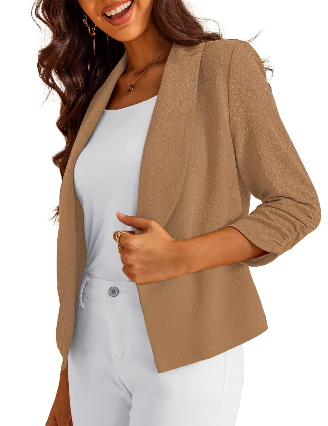 Blazer Gomamee Cortado, Manga 3/4, Caqui Com Frente Aberta, Para Mulheres