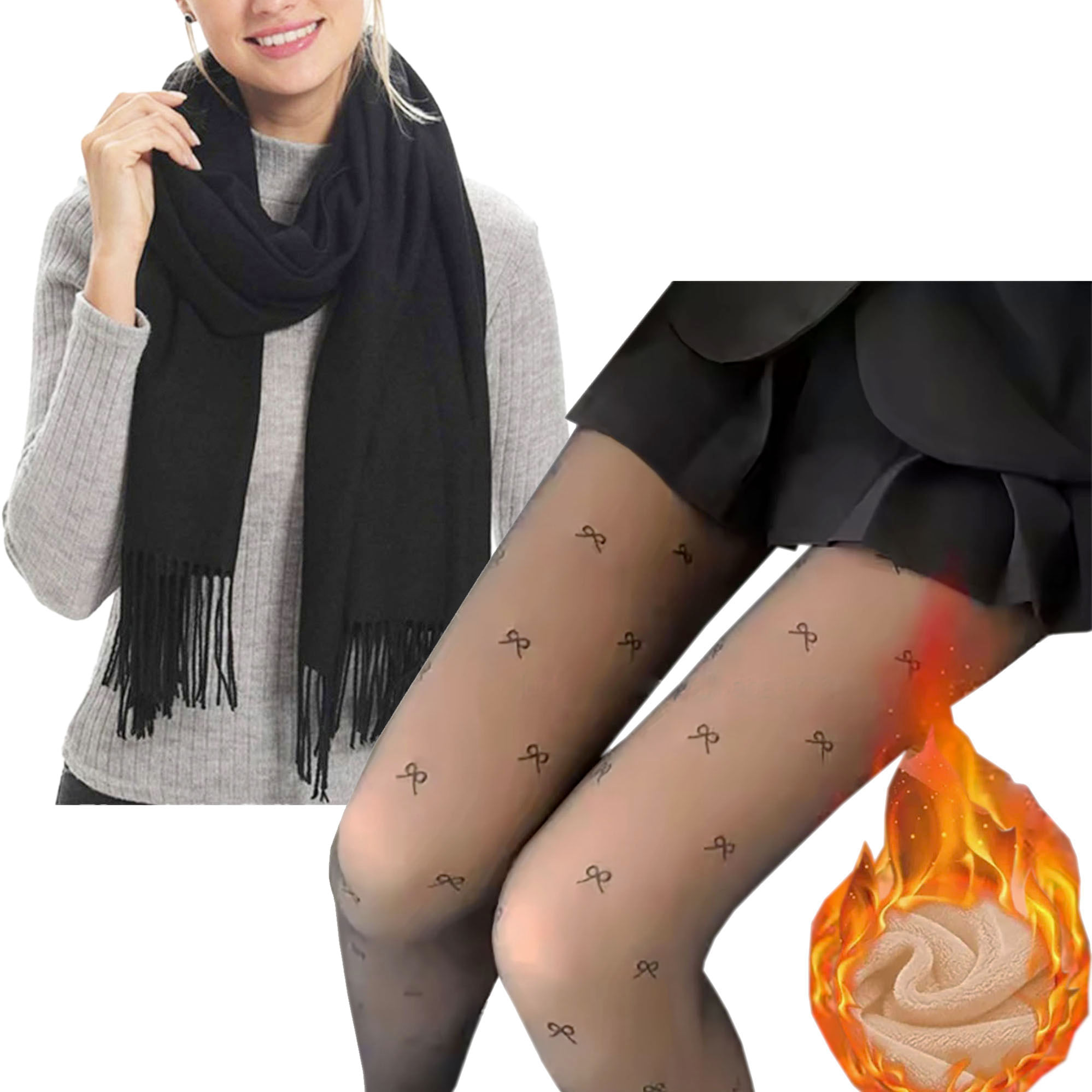 Meia Calça Translúcida Desenho Laço Pelúcia 220 Gr + 1 Cachecol