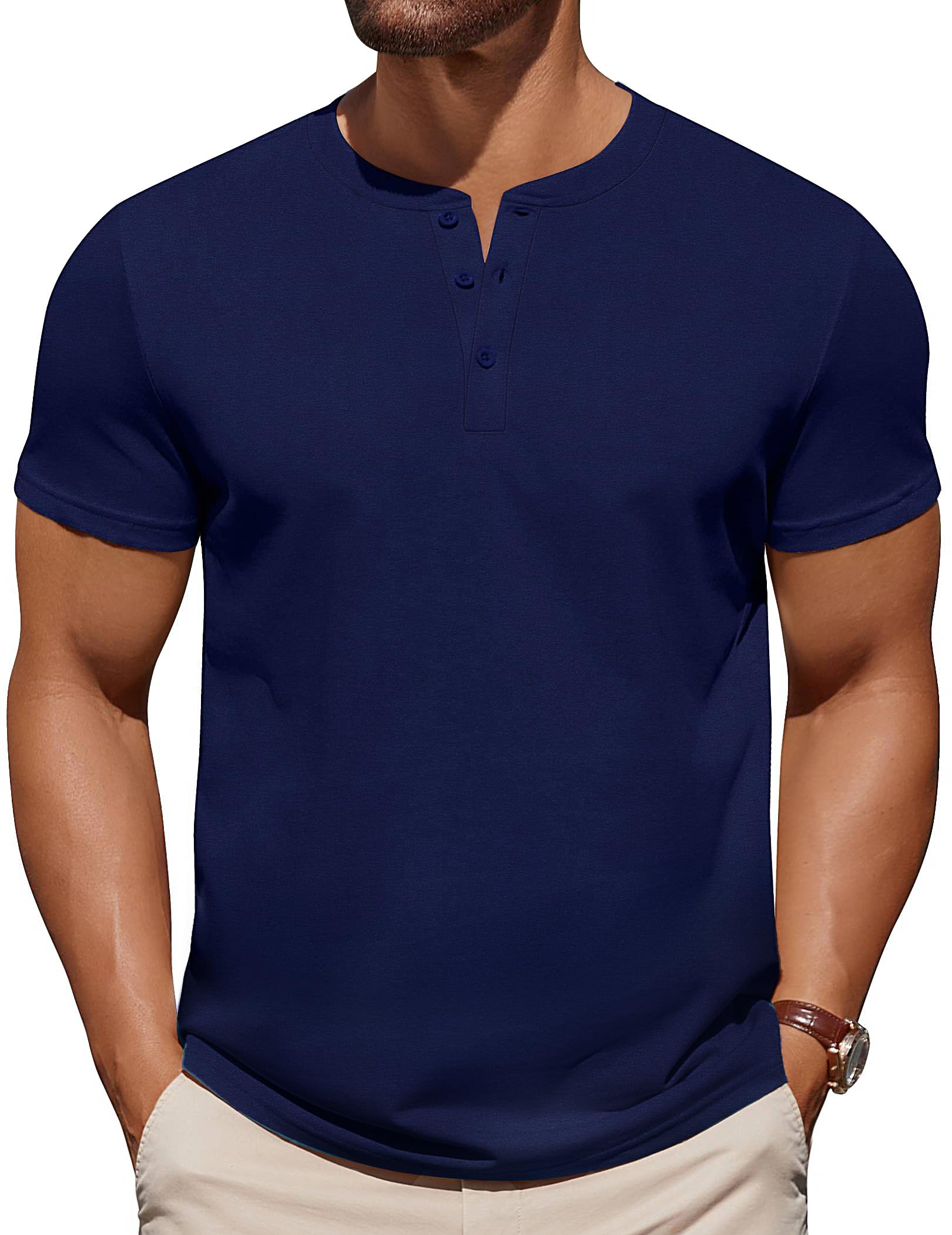 Camiseta Masculina Coofandy De Algodão Henley De Manga Curta Azul Marinho