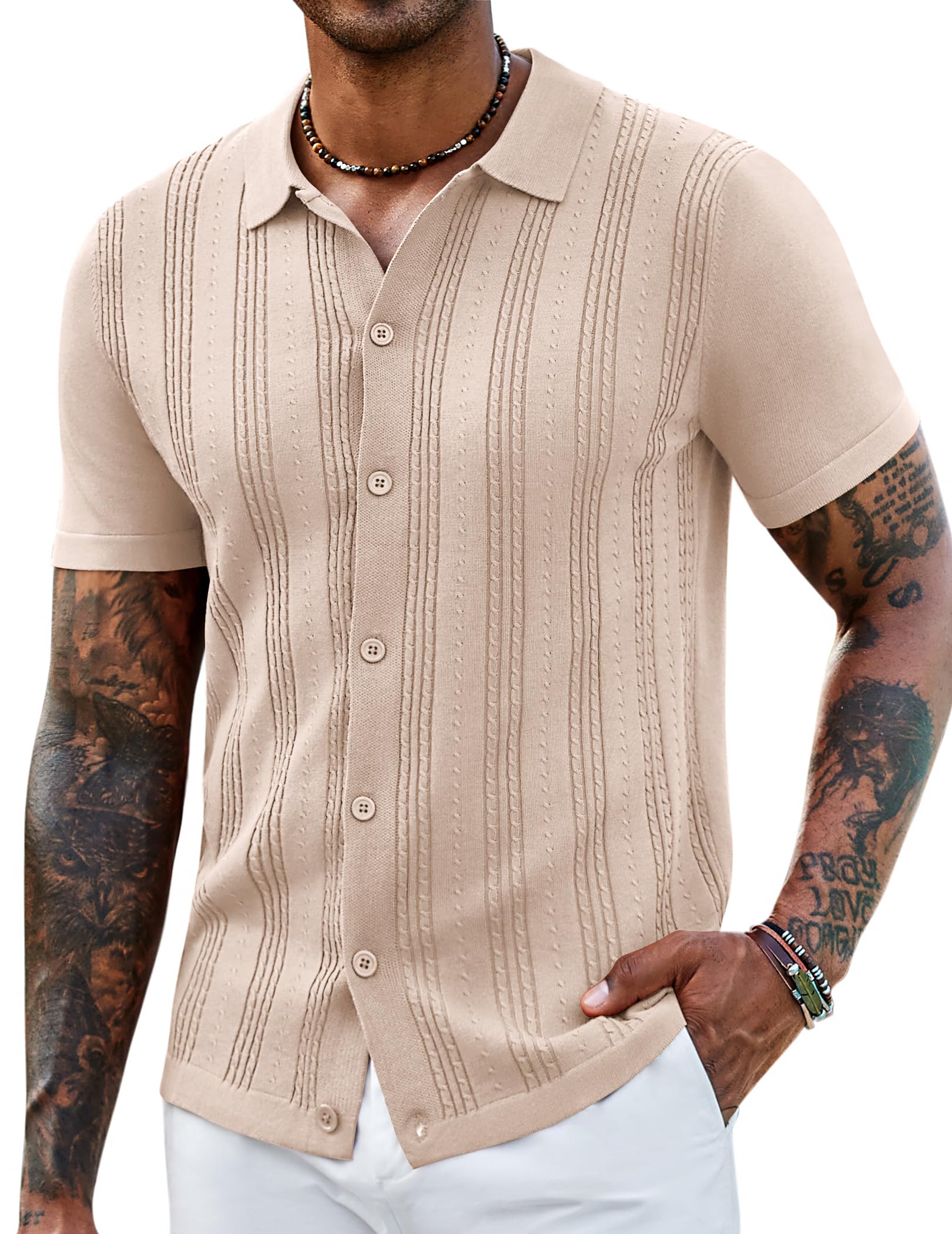 Camisa Polo De Malha Coofandy Masculina De Manga Curta Com Botão Bege
