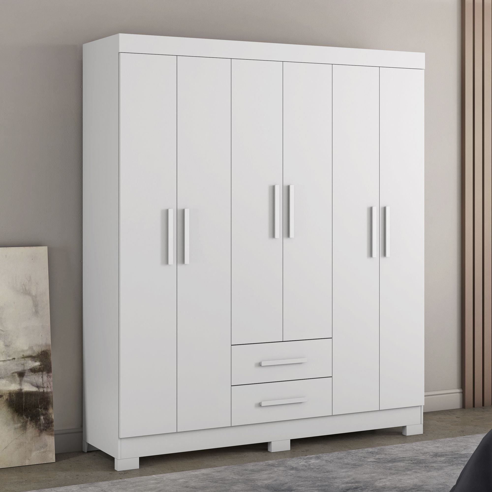 Roupeiro 6 Portas Com 2 Gavetas Nt 5130 Com Pé Flex Branco New/rosa