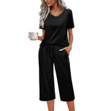 Conjunto De Pijama Feminino Ekouaer De Manga Curta De Algodão Com Calça Capri
