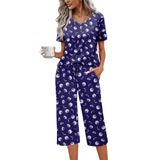 Conjunto De Pijama Feminino Ekouaer De Manga Curta De Algodão Com Calça Capri