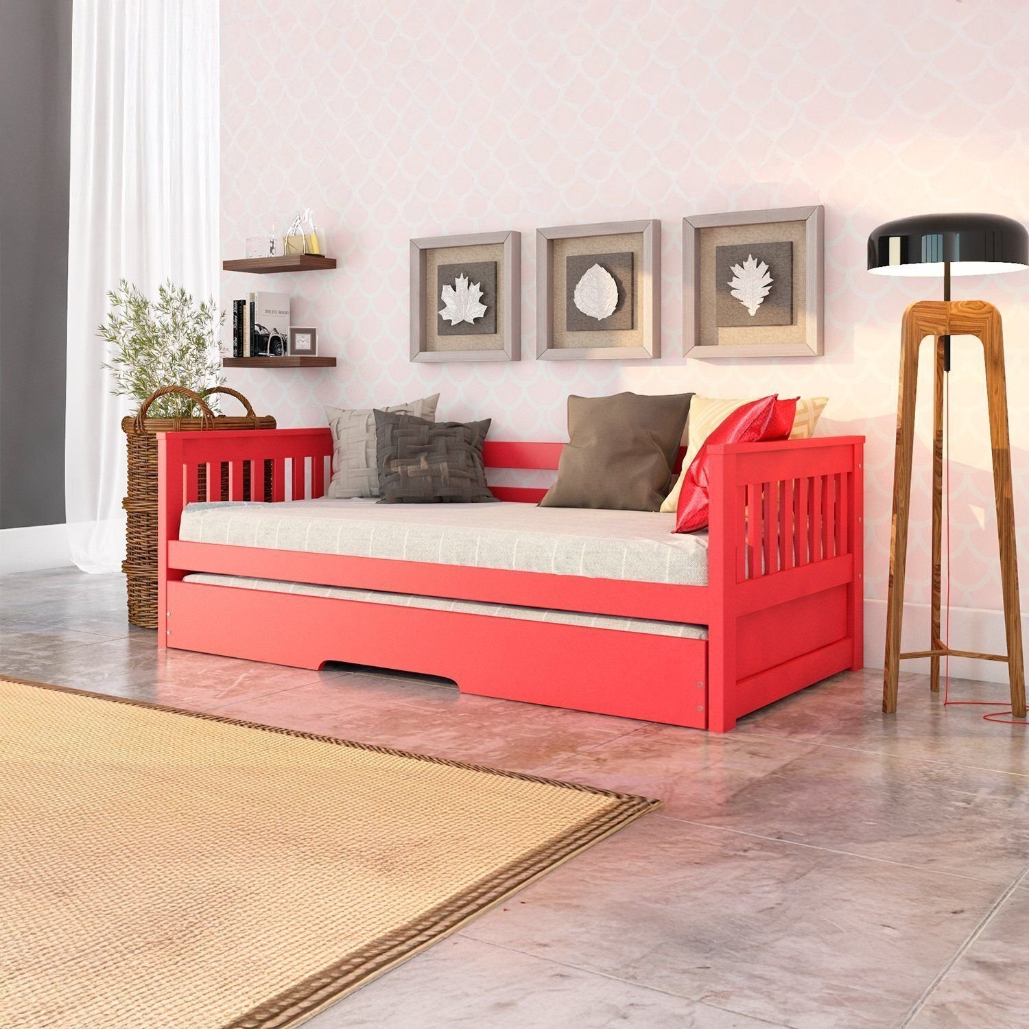 Bicama Solteiro Mission Estilo Sofá Em Madeira Maciça/mdf Vermelho