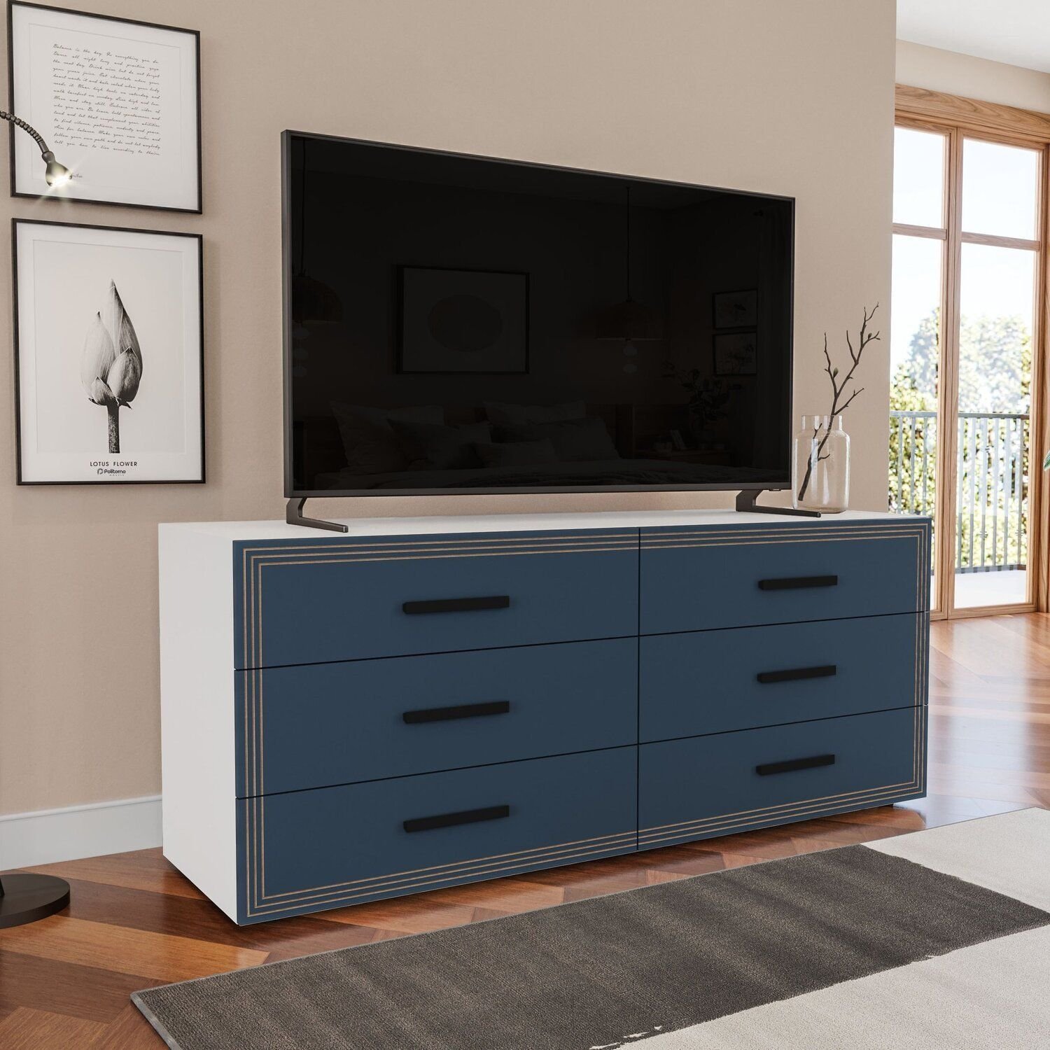 Cômoda 6 Gavetas 61,1x150,1x46 Cm Valência Branco/azul