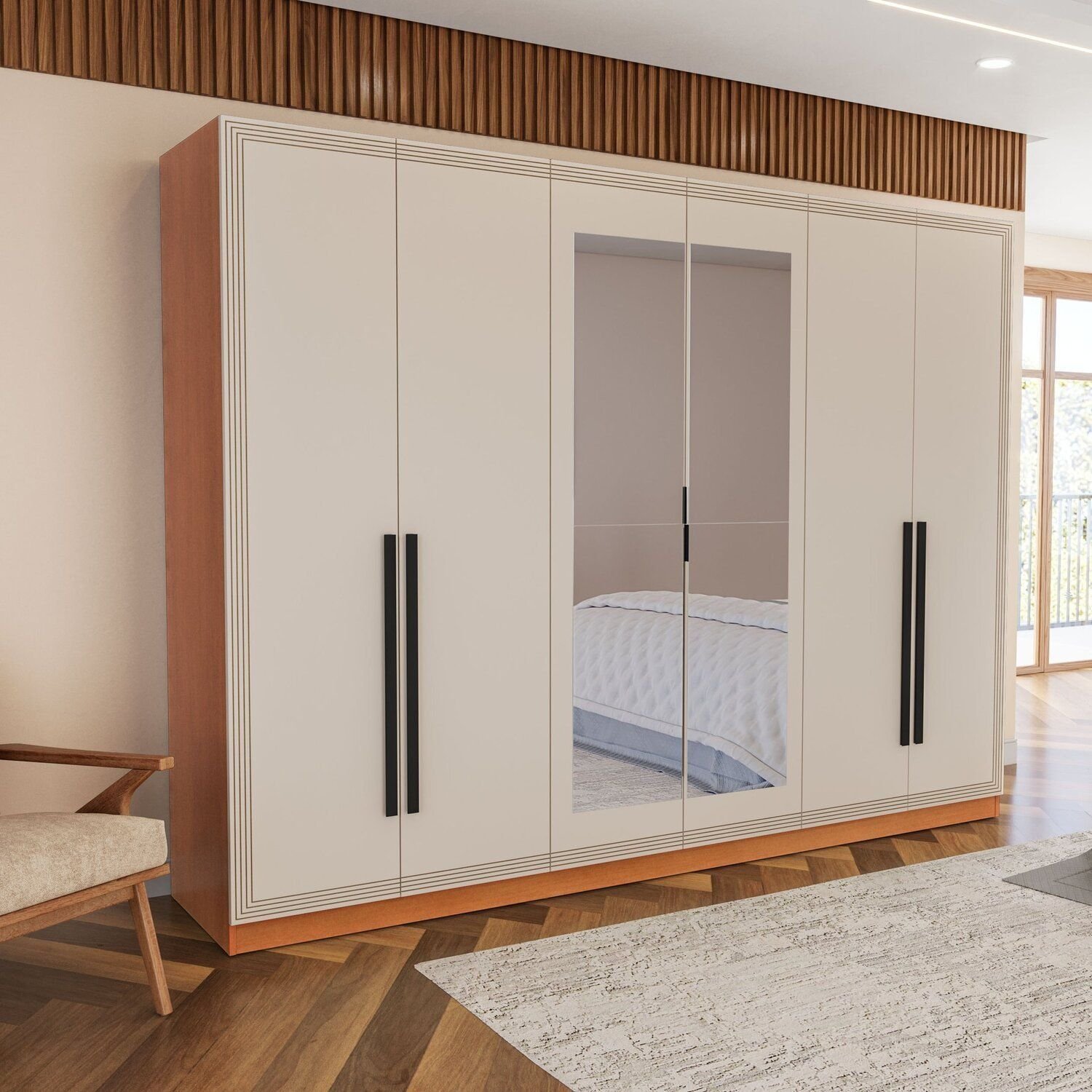 Guarda Roupa 6 Portas E 4 Gavetas Com Espelho Valência Freijo/creme