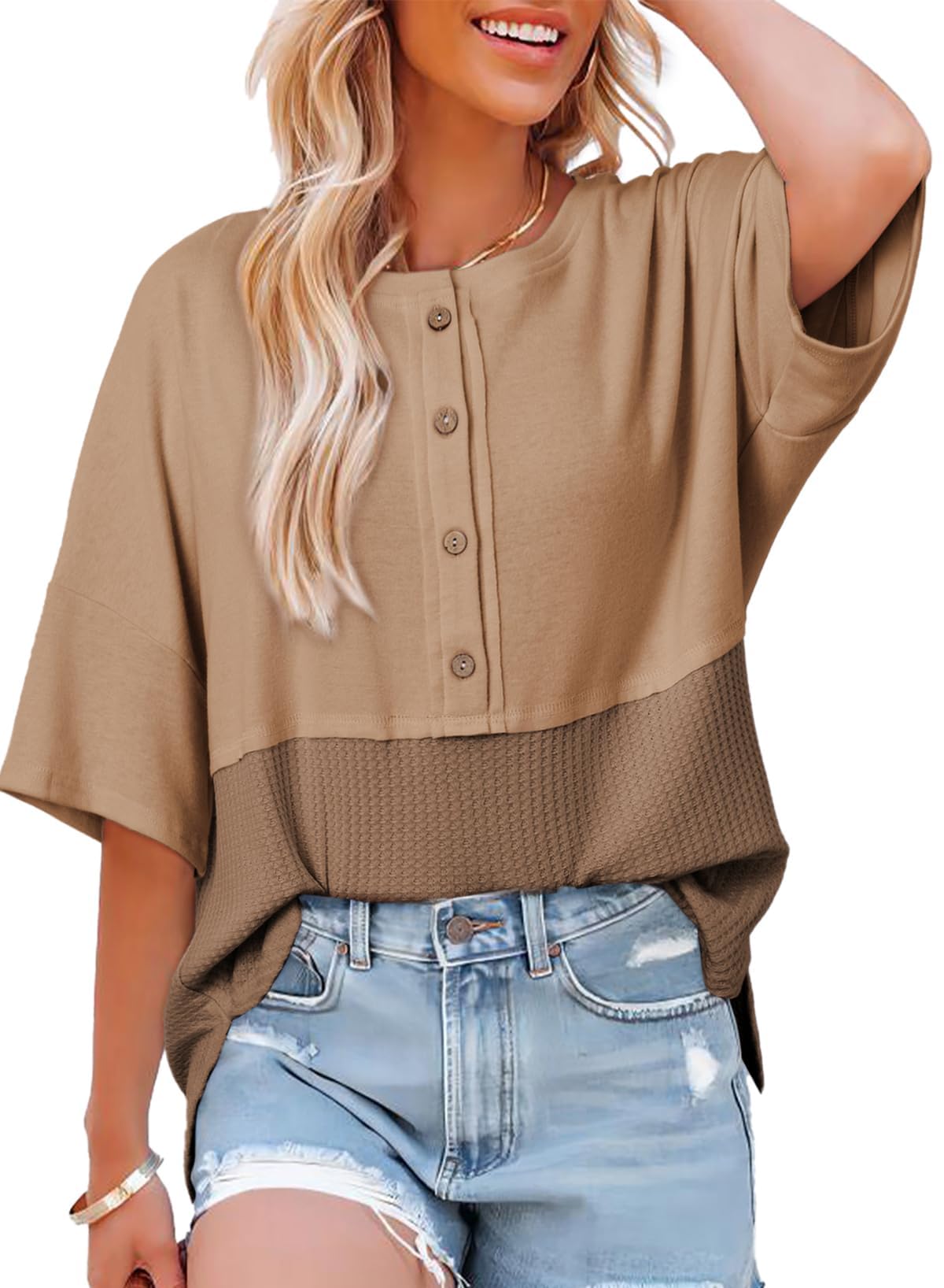Top Dokotoo Summer Waffle Knit Plus Size Bege Claro Para Mulheres