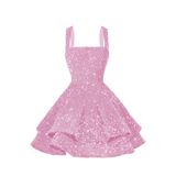 Vestido De Boas-vindas Vintys Spaghetti Straps Em Camadas Rosa De Lantejoulas