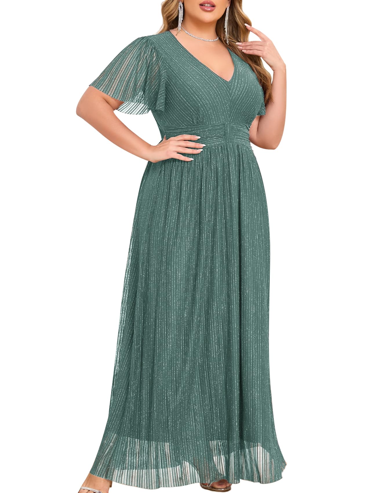 Vestido Formal Maxi Zomva Sparkly Com Decote Em V, Babado Em Evasê, 2x Azul-petróleo