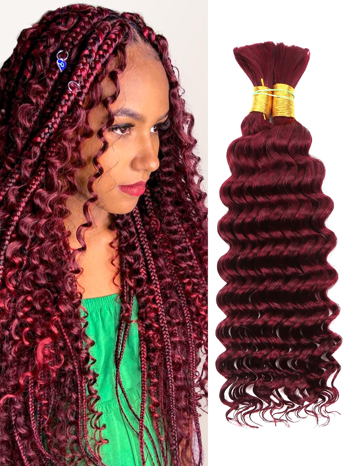 Bulk Human Braiding Hair Clong 99j Burgundy Deep Wave 22 Polegadas