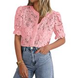 Blusa Feminina Prettygarden De Renda De Manga Curta Rosa Tamanho L