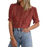Blusa Feminina Prettygarden De Renda De Manga Curta Marrom Vermelha