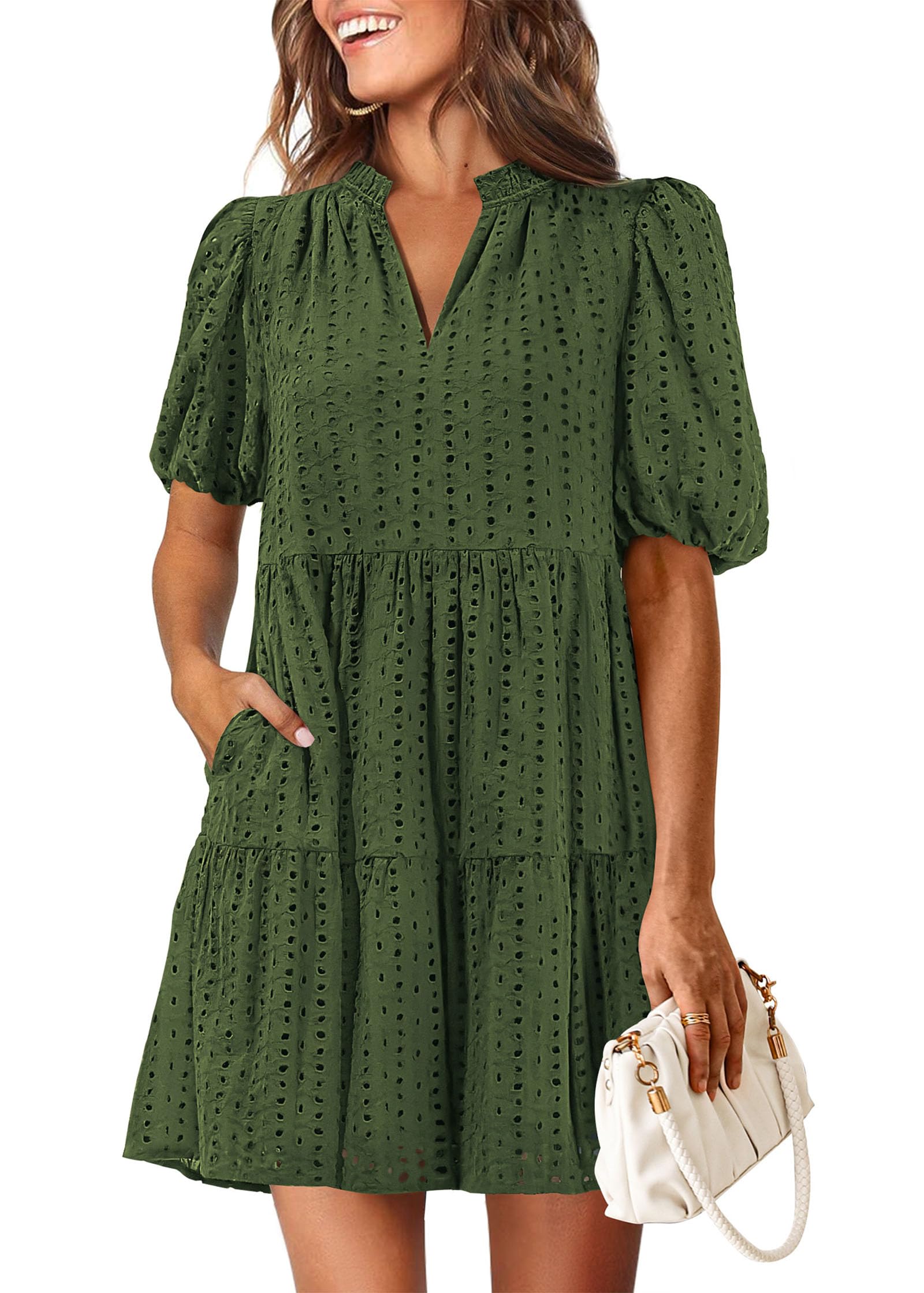 Vestido Kirundo Eyelet Summer Para Mulheres V Neck Shift, Verde Militar