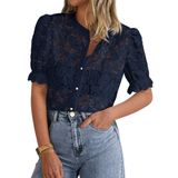 Blusa Feminina Prettygarden De Renda De Manga Curta Tamanho Azul Marinho