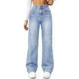 Jeans Funuca Straight Leg, Cintura Alta, Perna Larga, Para Mulheres