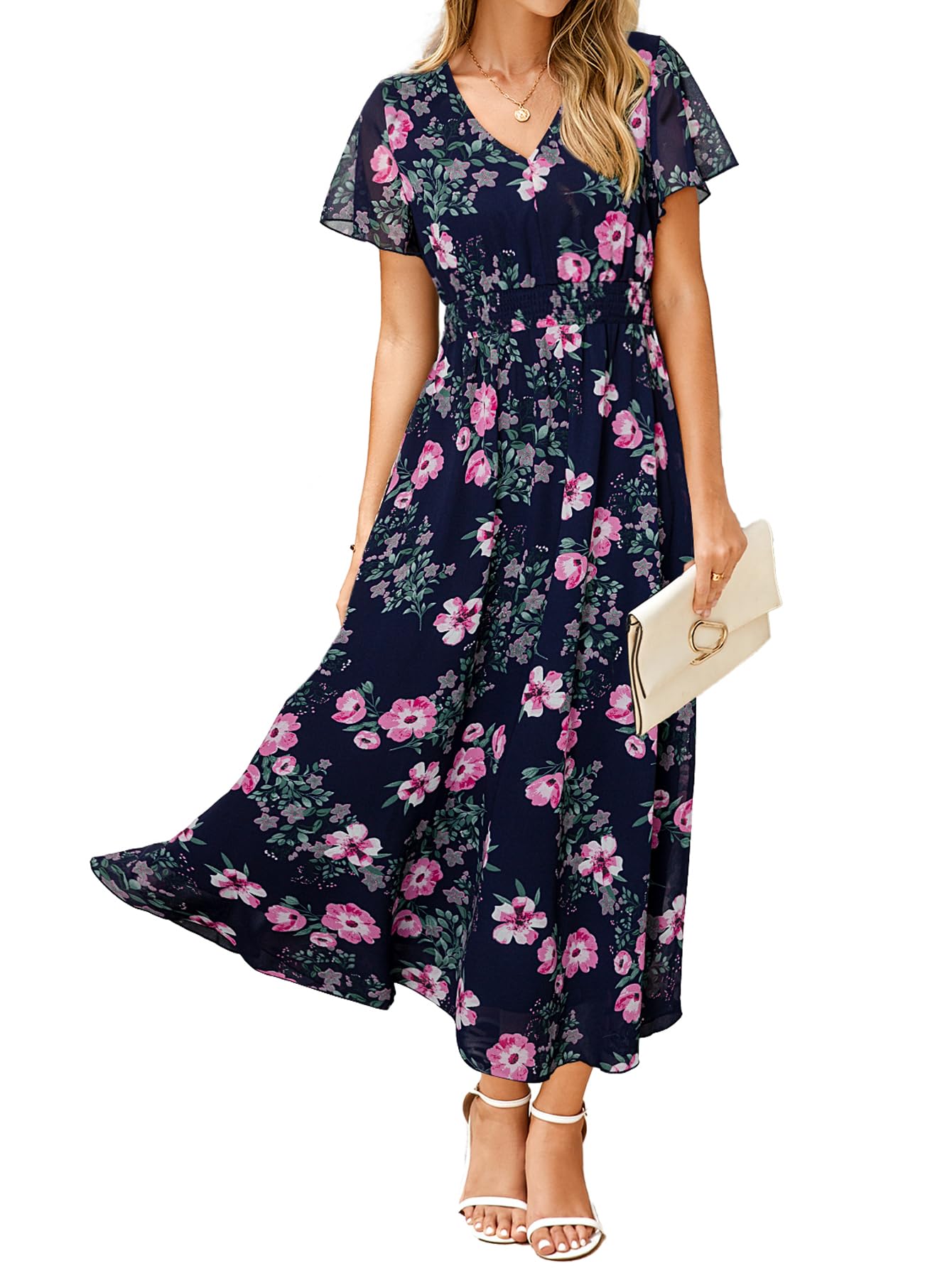 Vestido Maxi Simplee Apparel Floral De Manga Curta Azul Marinho