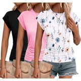 Camisetas Femininas Zeagoo Com Gola Redonda E Manga Curta Franzida X3