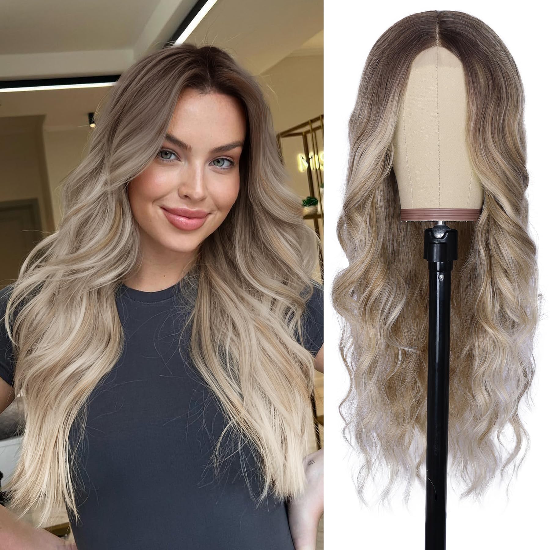 Peruca Nayoo Long Wavy Ombre Dirty Blonde Sintética 66 Cm Para Mulheres