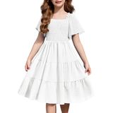 Vestido Arshiner Branco Para Meninas De 5 A 6 Anos No Verão E Primavera Com Bolsos