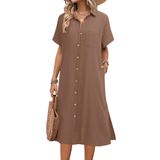Vestido Hotouch De Linho De Verão De Manga Curta Midi Com Bolsos Marrom