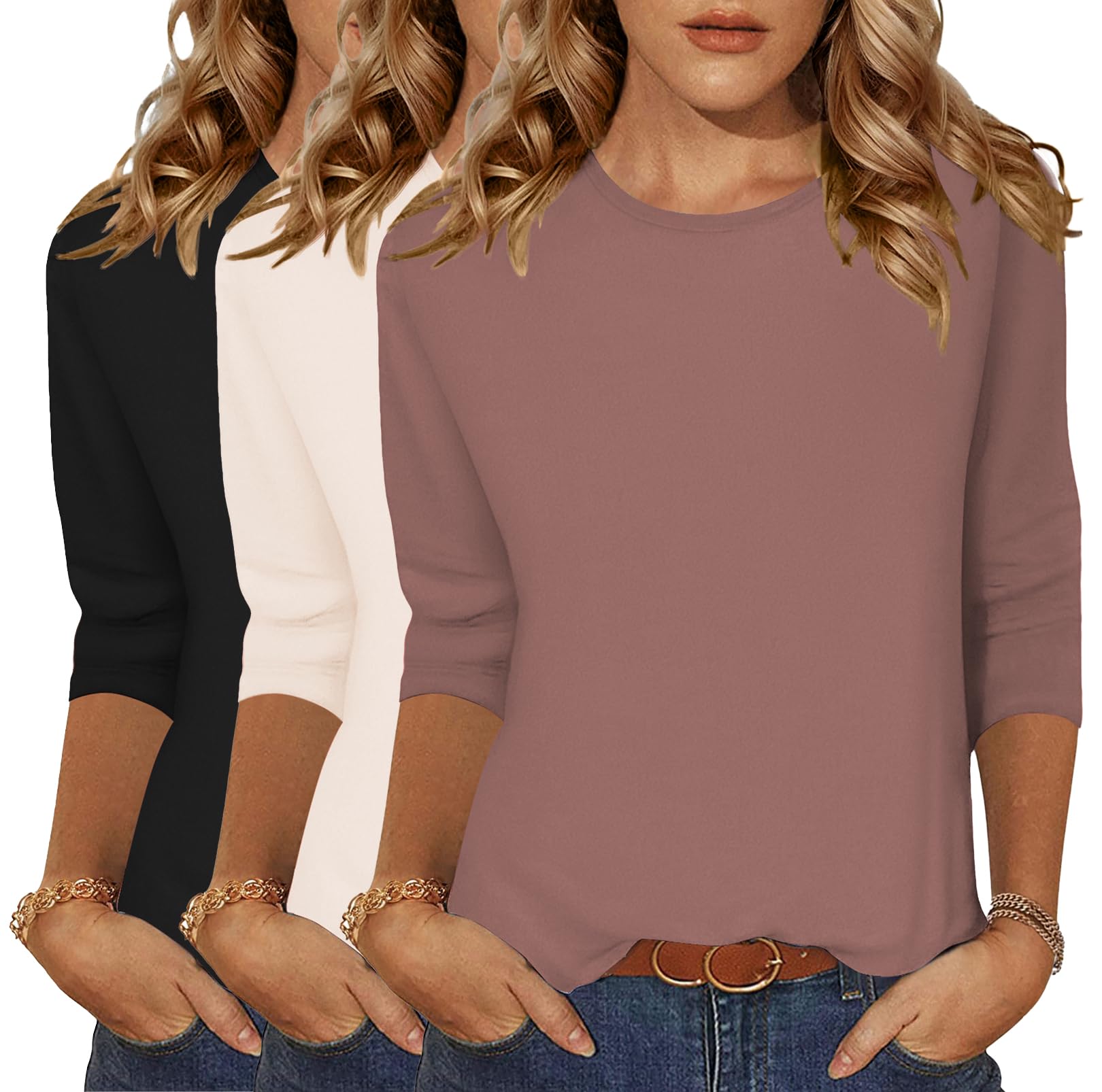 Camisetas Femininas Zeagoo, Manga 3/4, Gola Redonda, Pretas, Pacote Com 3