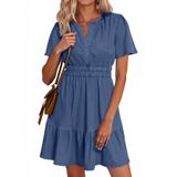 Vestido Feminino Simplee, Jeans De Verão, Manga Curta, Azul Em Camadas
