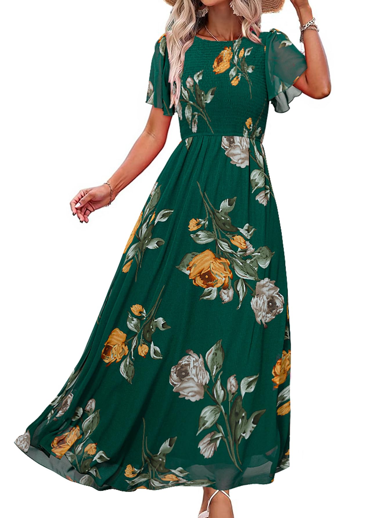 Vestido Maxi Simplee Apparel Floral De Primavera Em Chiffon Verde Escuro