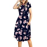 Camiseta Feminina De Verão Com Manga Tricotada E Bolso, Vestido Casual, Rosa, Floral, Azul Marinho, S