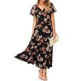 Vestido Maxi Simplee, Vestuário Floral, Verão, Manga Curta, Preto
