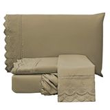 Jogo Cama Lençol Loren Queen Bordado Inglês Micro Percal 300 Fios 4 Peças - Chocolate