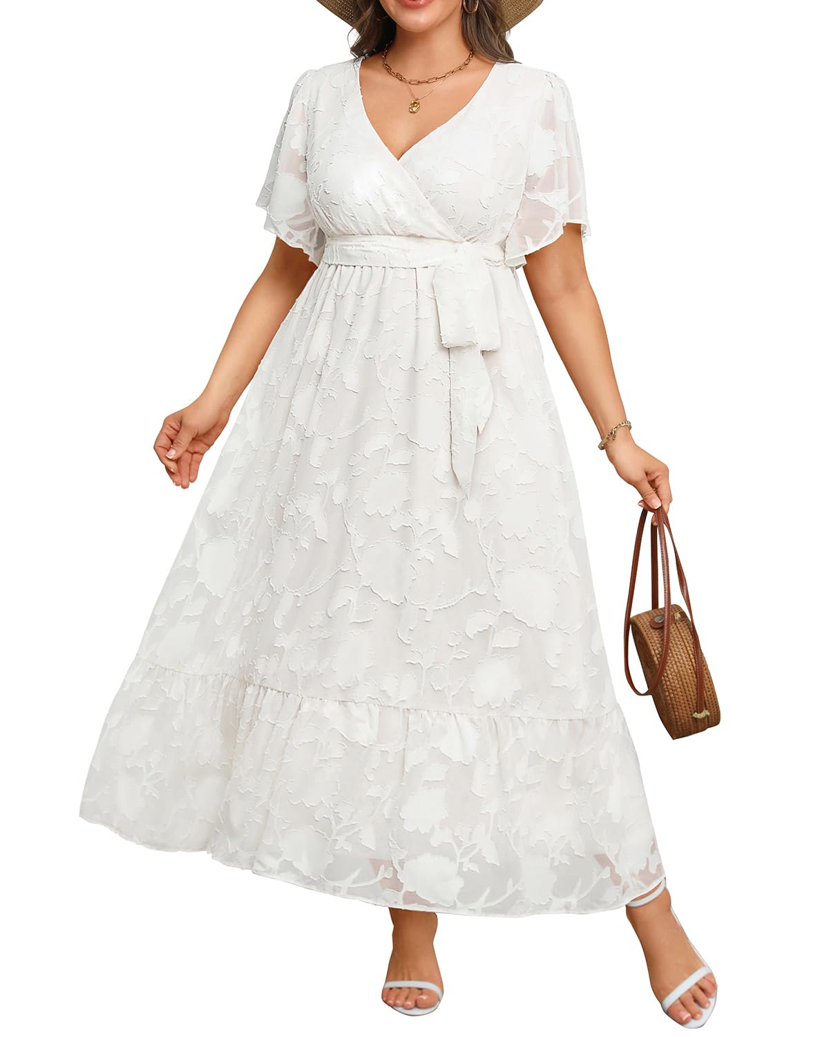 Vestido Pinup Fashion Branco Maxi Wrap Com Decote Em V E Manga Esvoaçante