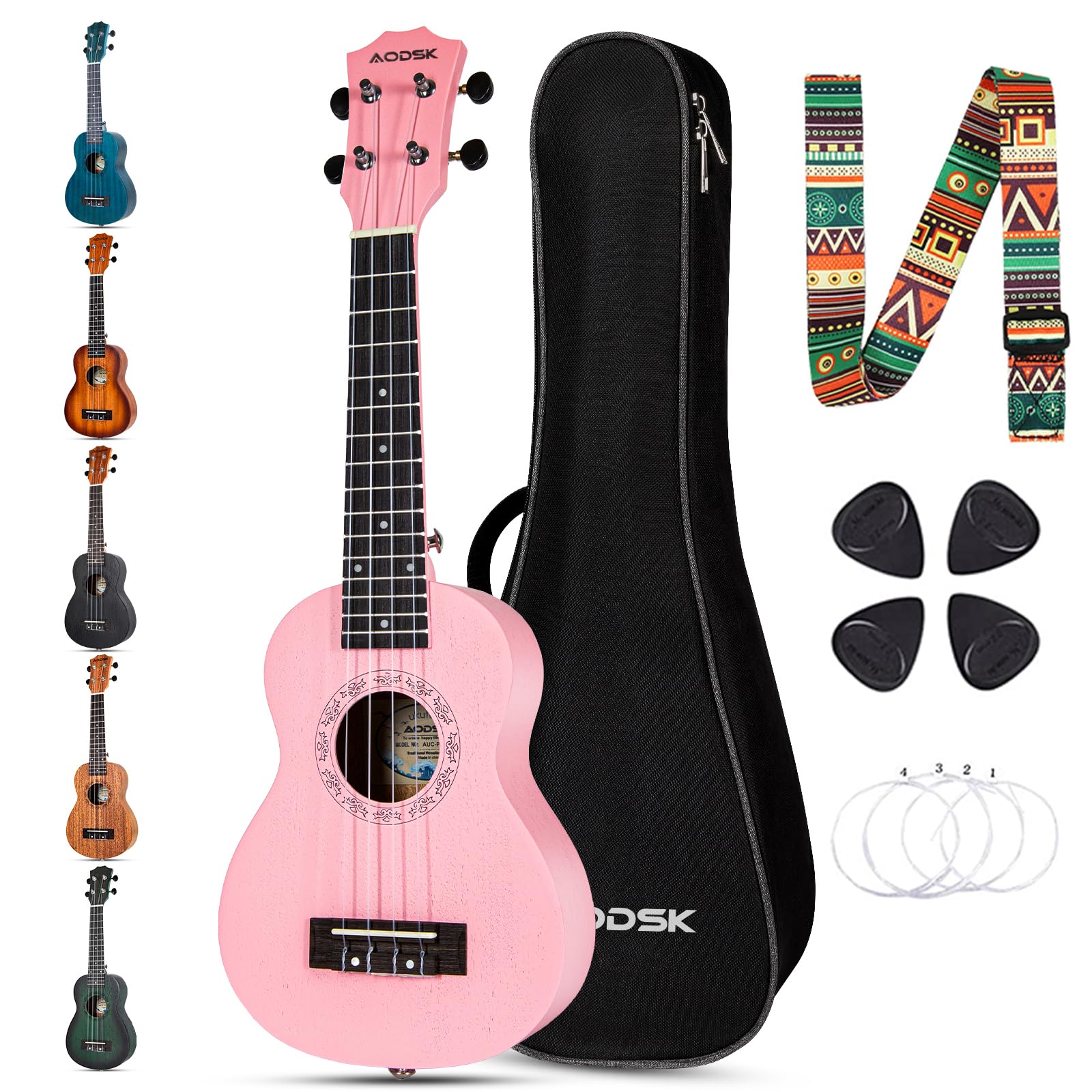 Ukulele Rosa Aodsk Concert Para Iniciantes, 23 Polegadas, Uke, Com Alça De Nylon, 4 Palhetas, Presente De Natal