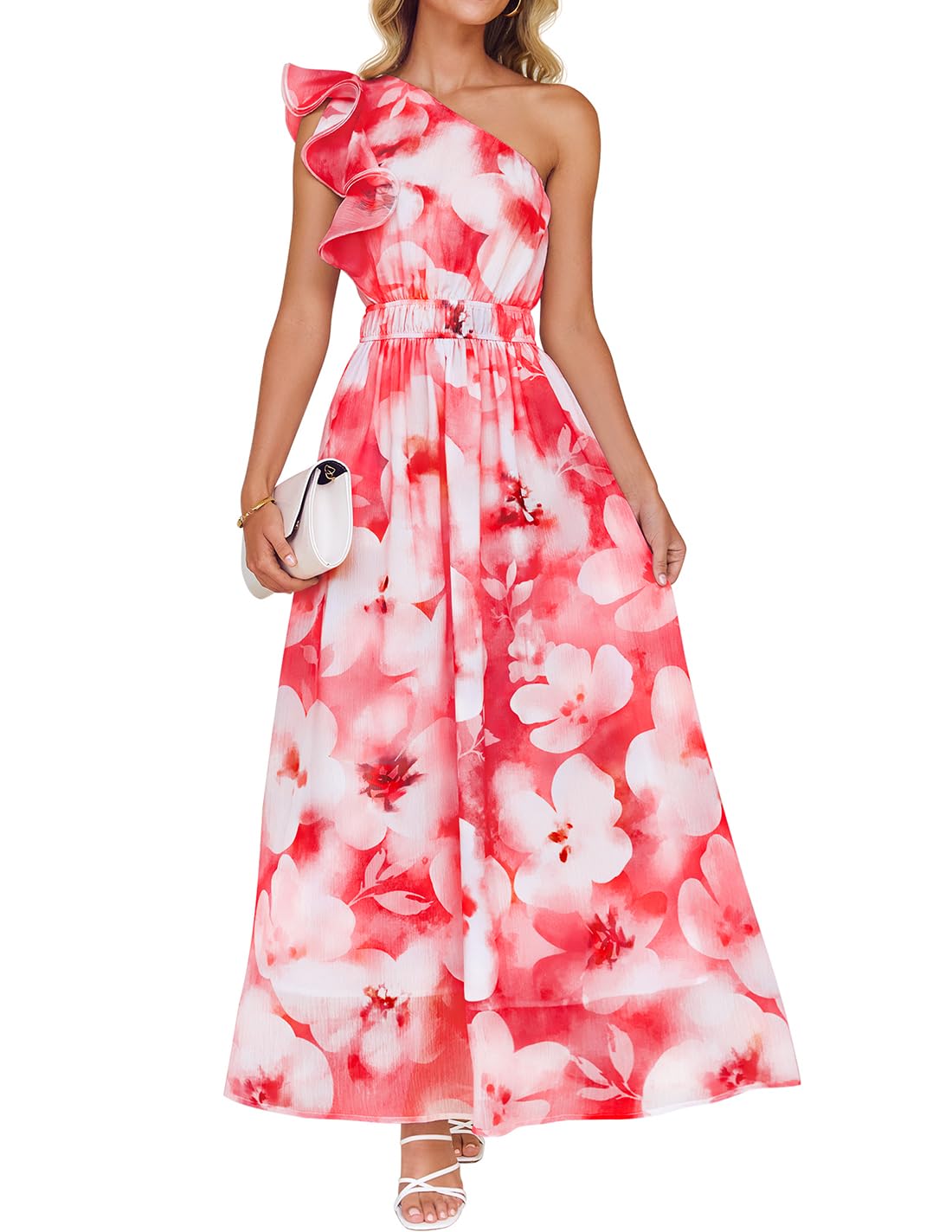 Vestido Maxi Zesica 2025 Boho Floral Com Babado De Um Ombro Vermelho