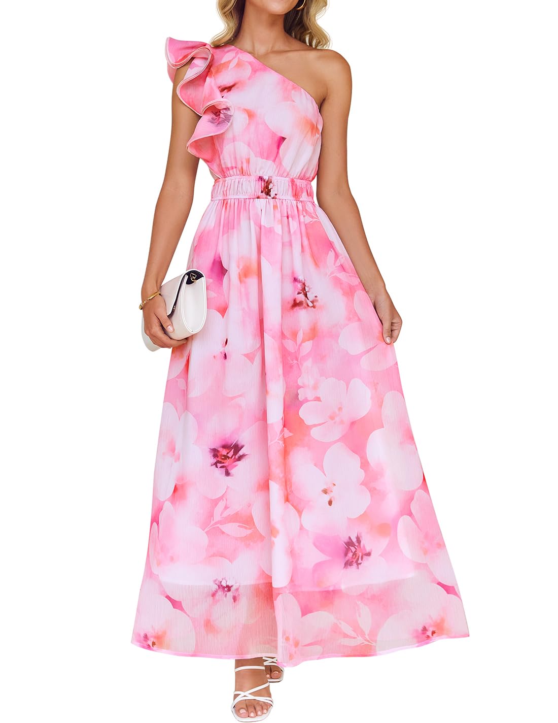 Vestido Maxi Zesica 2025 Boho Floral Com Babado De Um Ombro Rosa