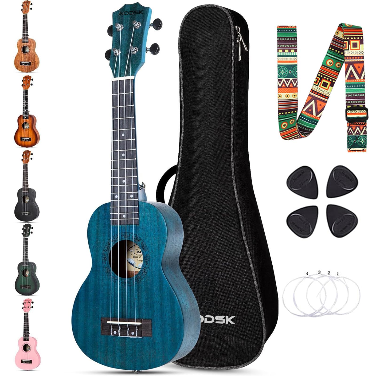Ukulele Aodsk Concert Blue Para Iniciantes, 23 Polegadas, Uke, Com Alça De Nylon, 4 Palhetas, Presente De Natal