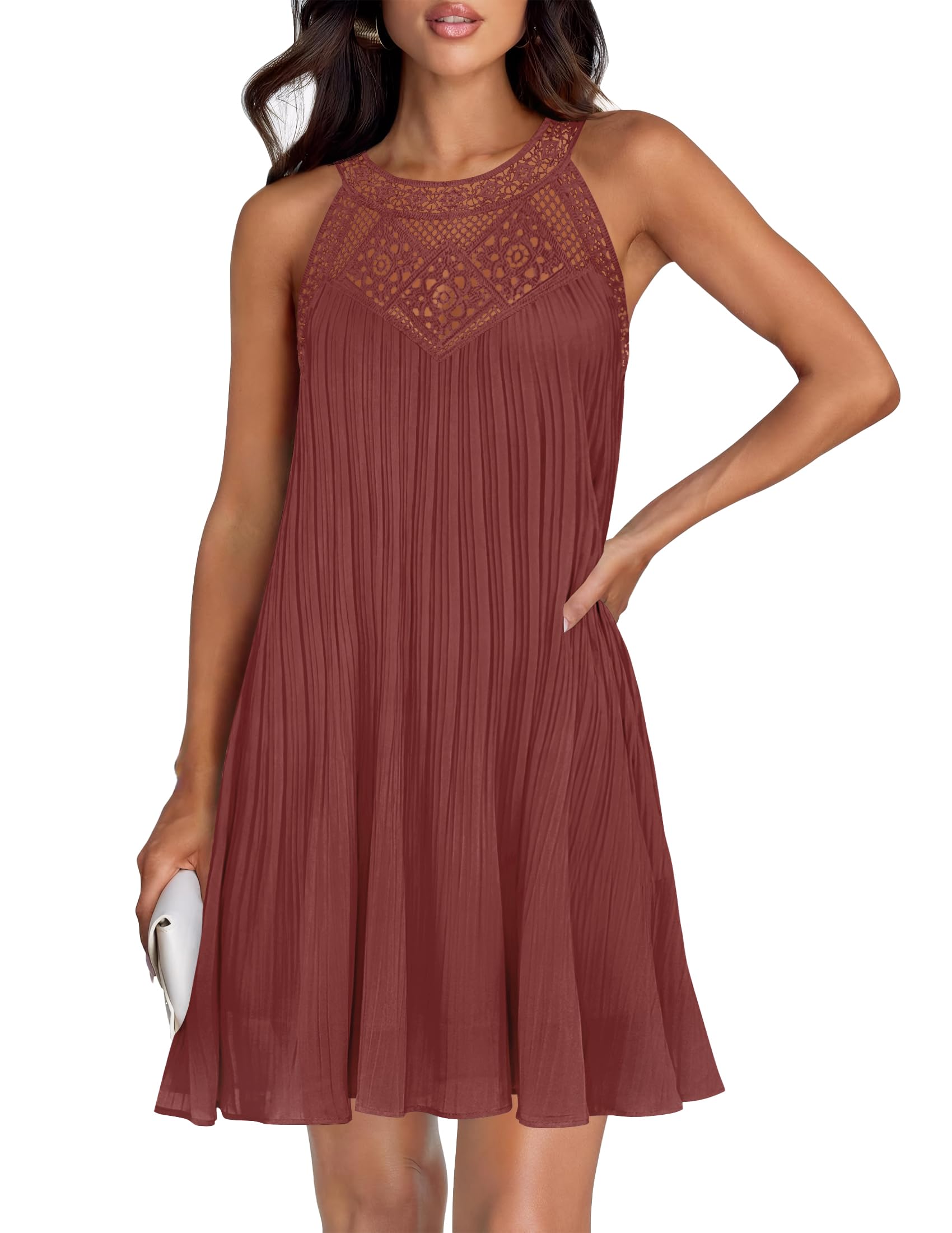 Vestido Zesica 2025 Summer Halter Chiffon Mini Para Mulheres Rust