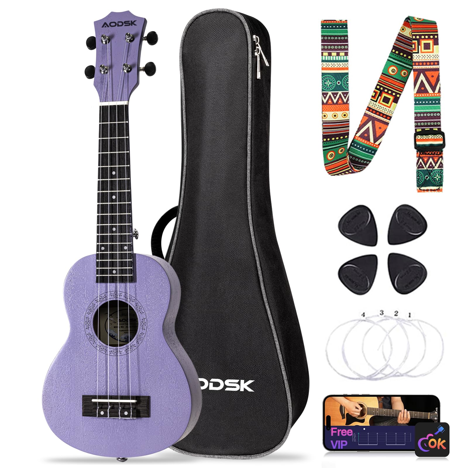 Ukulele Aodsk Concert Violet Para Iniciantes, 23 Polegadas, Uke, Com Alça De Nylon, 4 Palhetas, Presente De Natal
