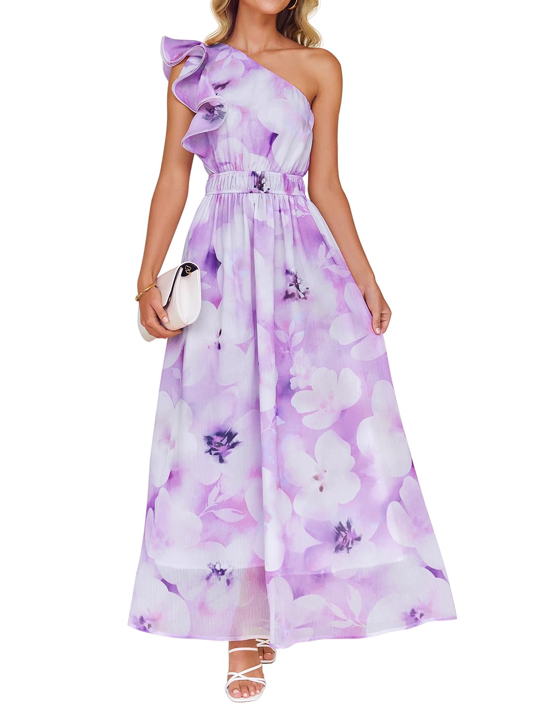 Vestido Maxi Zesica 2025 Boho Floral Com Babado De Um Ombro Roxo