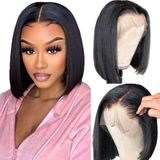 Peruca Frontal De Renda Sunkasa, Cabelo Liso De 10 Polegadas E 200% De Densidade