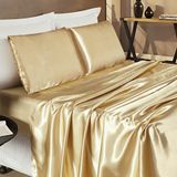 Jogo De Cama Lençol Romance Casal Queen 04 Peças Tecido Cetim Charmousse Brilhante - Dourado