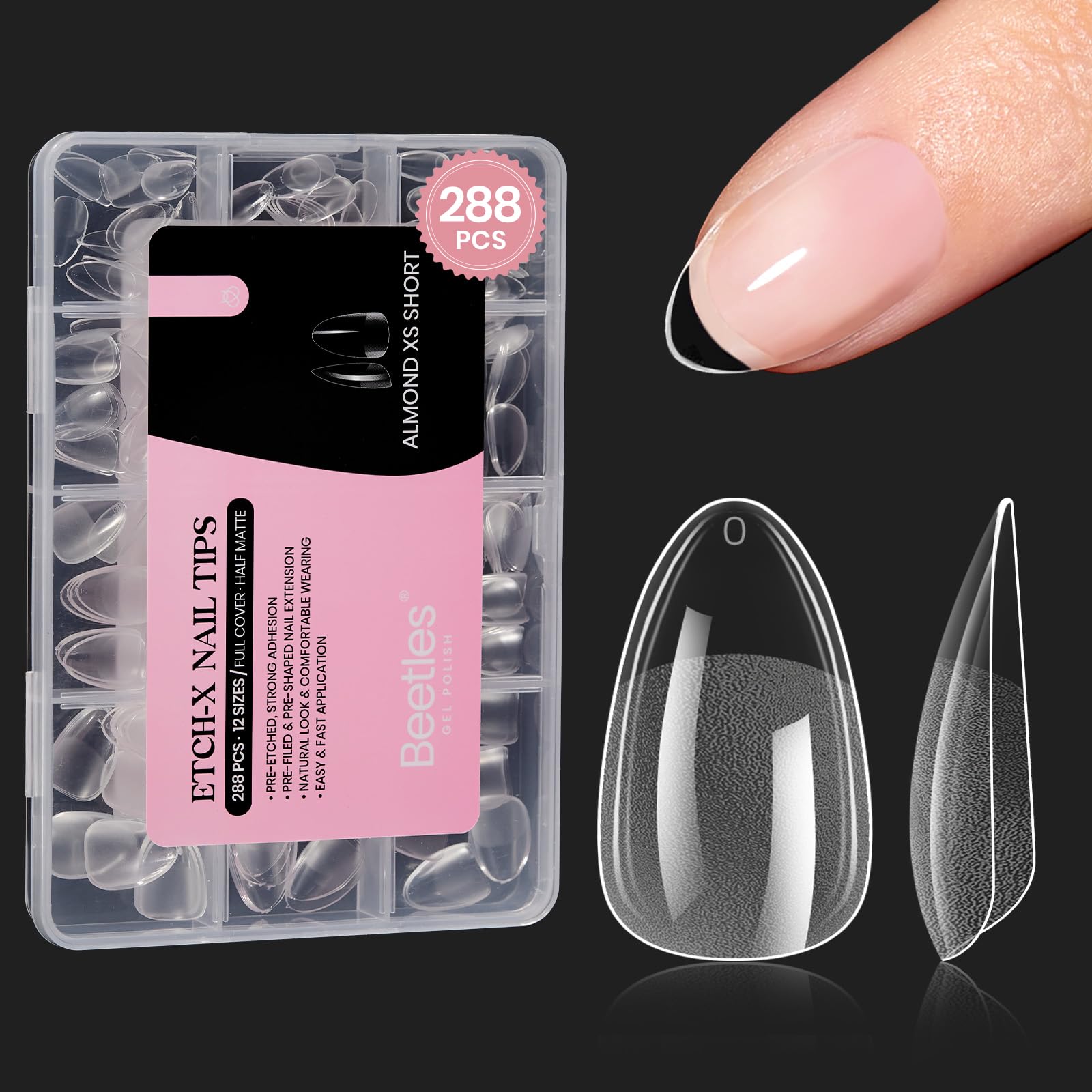 Nail Tips Beetles Extra Short Ammond 288 Unidades, Capa Completa Transparente