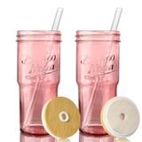 Conjunto De Copos De Vidro Anotion, Copo Rosa De 700 Ml Com Tampa E Canudo X2