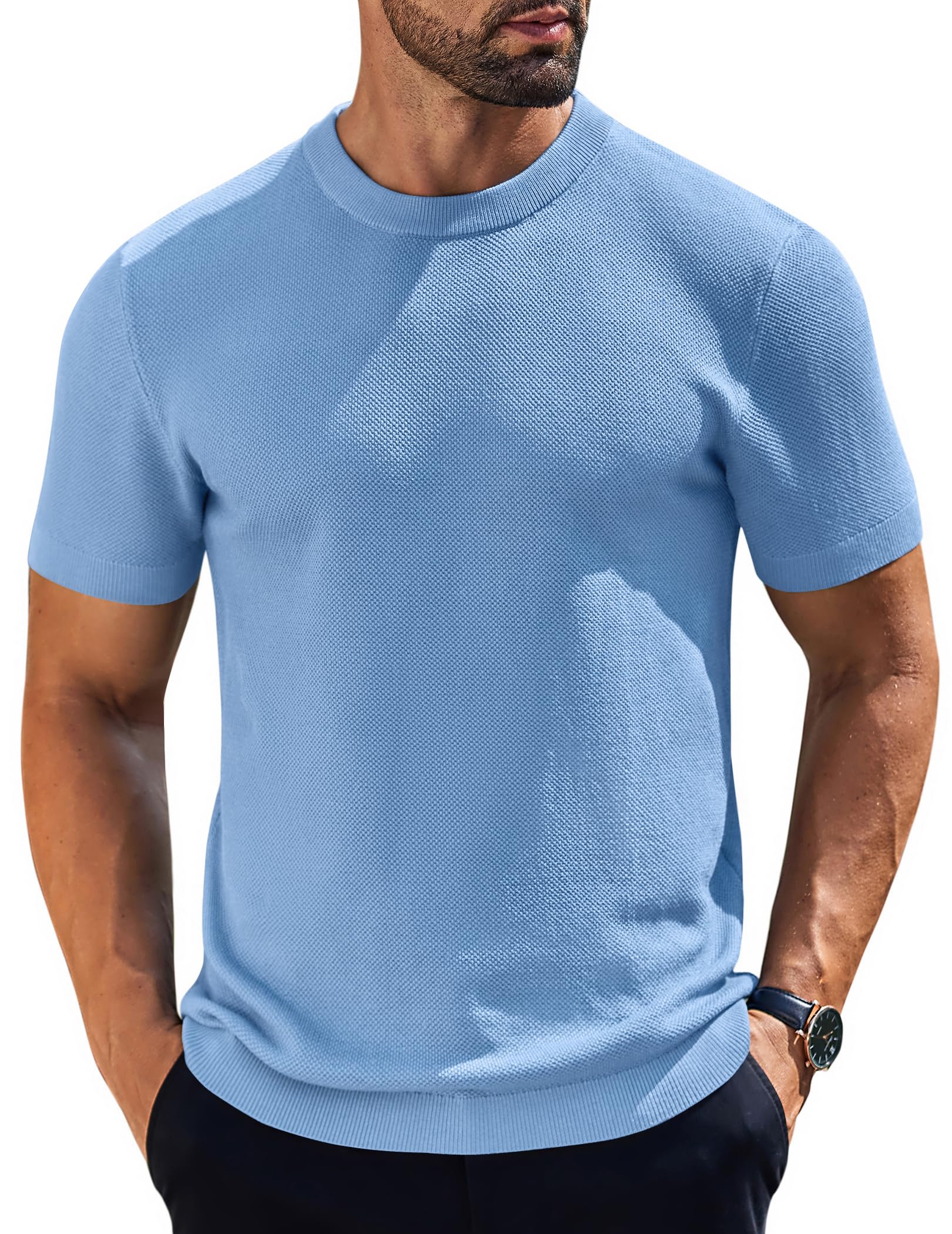 Camiseta Masculina Coofandy De Manga Curta, Casual, Azul Claro