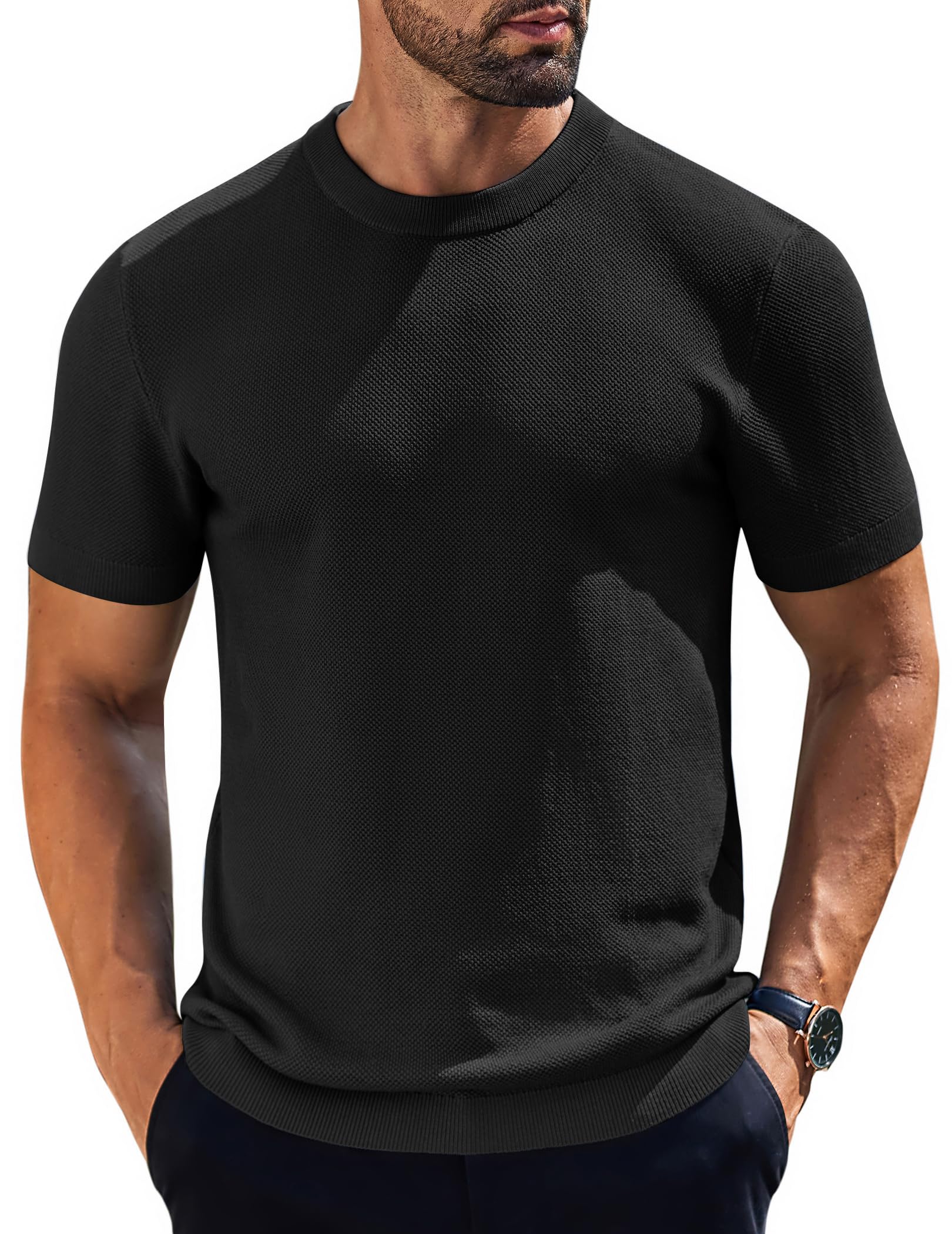 Camiseta Masculina Coofandy Waffle Knit De Manga Curta Preta 3gg