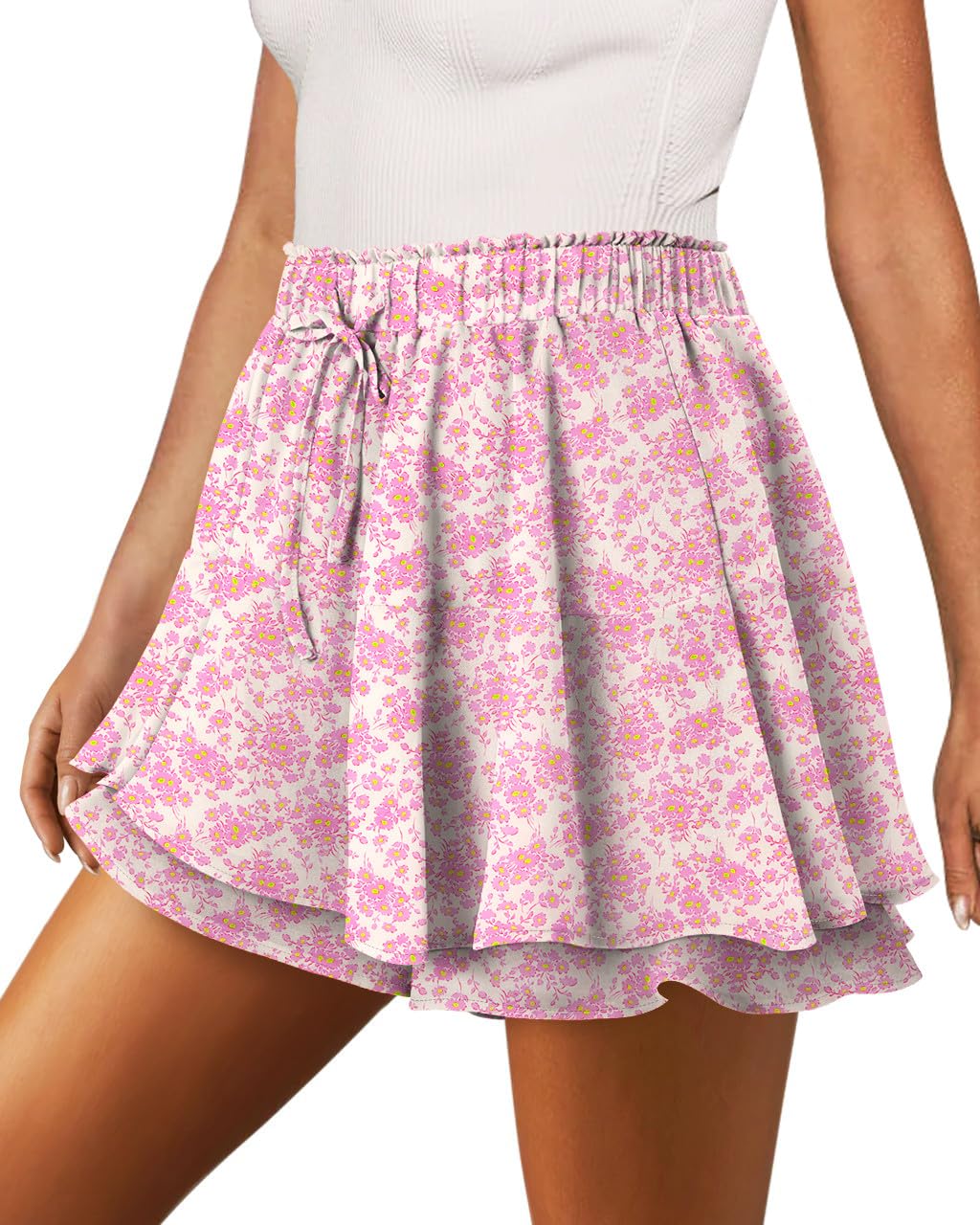 Shorts Onlypuff Flowy Chiffon Ruffle Skirts Flower Pink M Para Mulheres