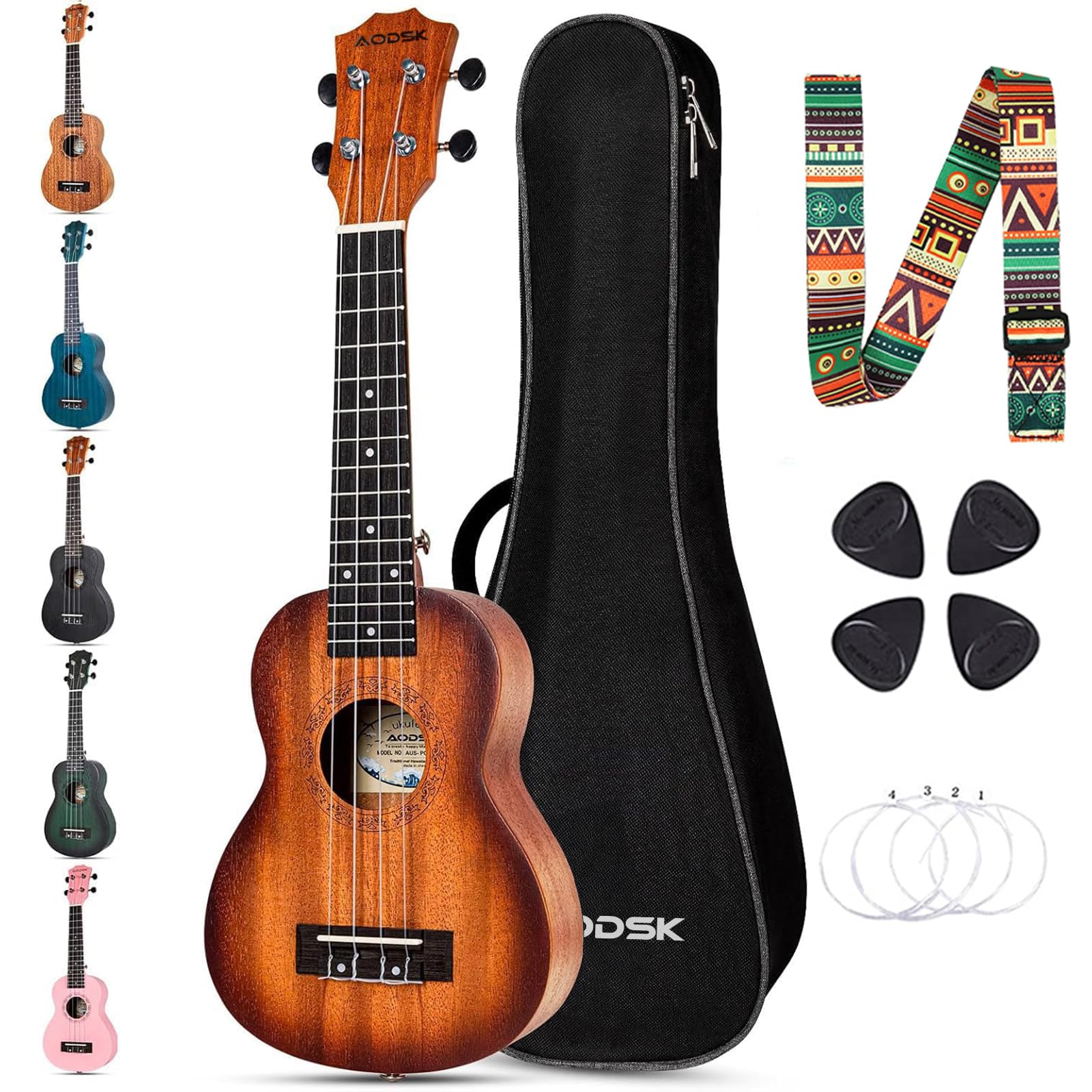 Ukulele Aodsk Concert Sunburst De 23 Polegadas Para Iniciantes Com Bolsa De Shows