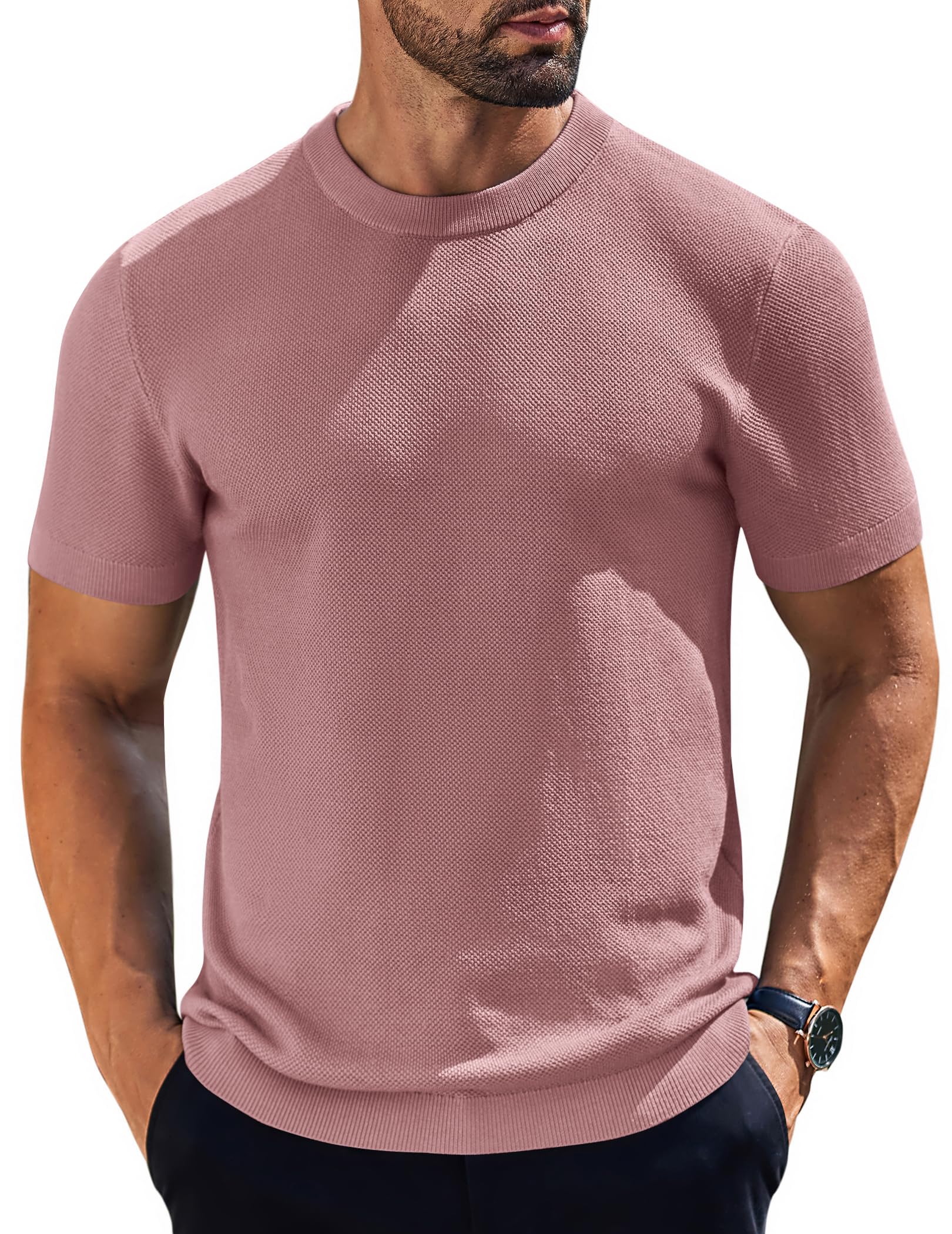 Camiseta Masculina Coofandy De Malha Com Gola Redonda E Manga Curta Rosa