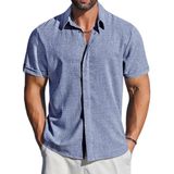 Camisa Casual Letsee De Manga Curta Com Botões, Linho, Azul