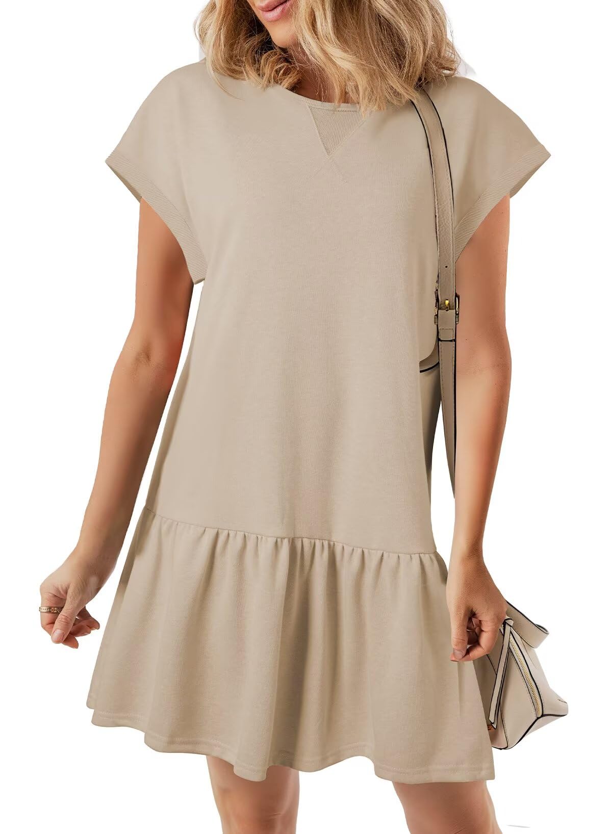 Vestido Feminino Casual Blencot Com Gola Redonda E Bainha Com Babados, Mini Aveia