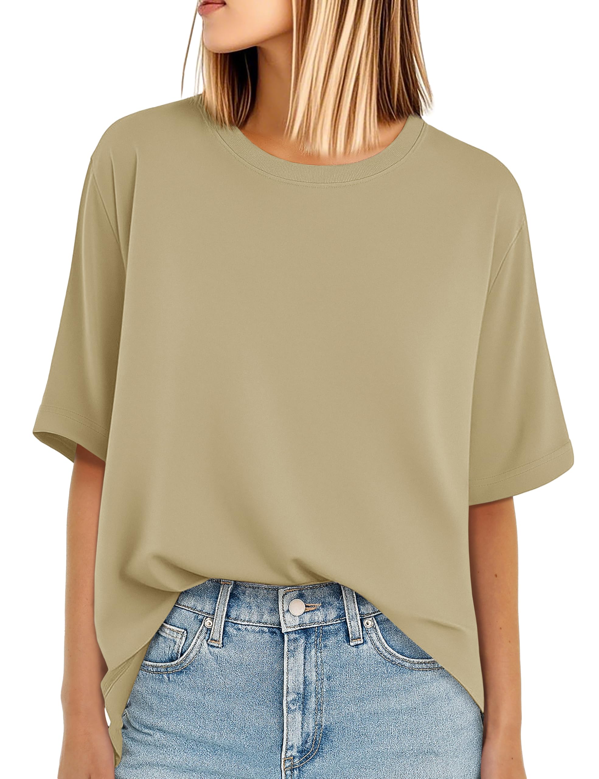 Camiseta Grande Yucolen Feminina De Algodão, Manga Curta, Cáqui